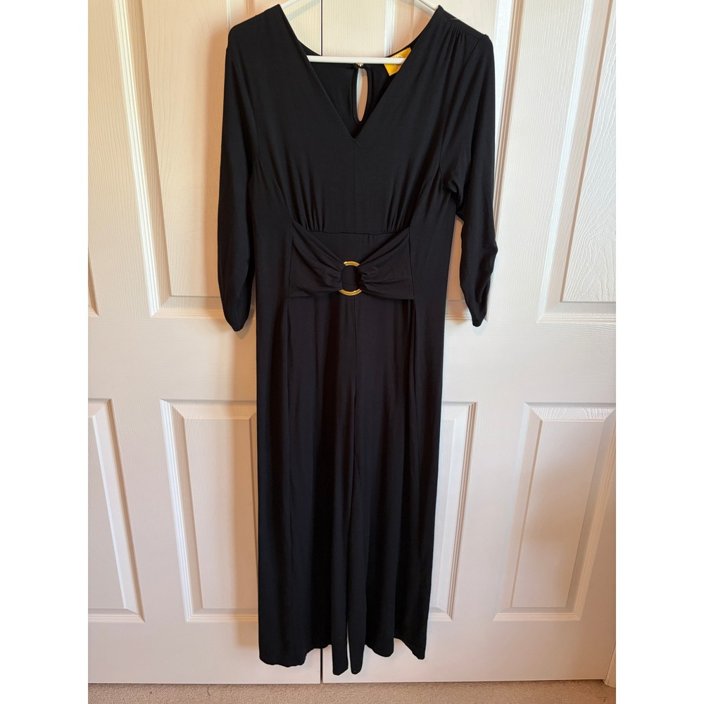 Liz Lange Black V-Neck Jumpsuit Gold Ring Waist 3/4 Sleeve Petite Medium PM